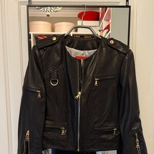 Alice + Olivia Black Leather Jacket with Gold Details